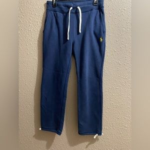 Blue/yellow Ralph Lauren sweatpants with drawstring’s at the bottom and top